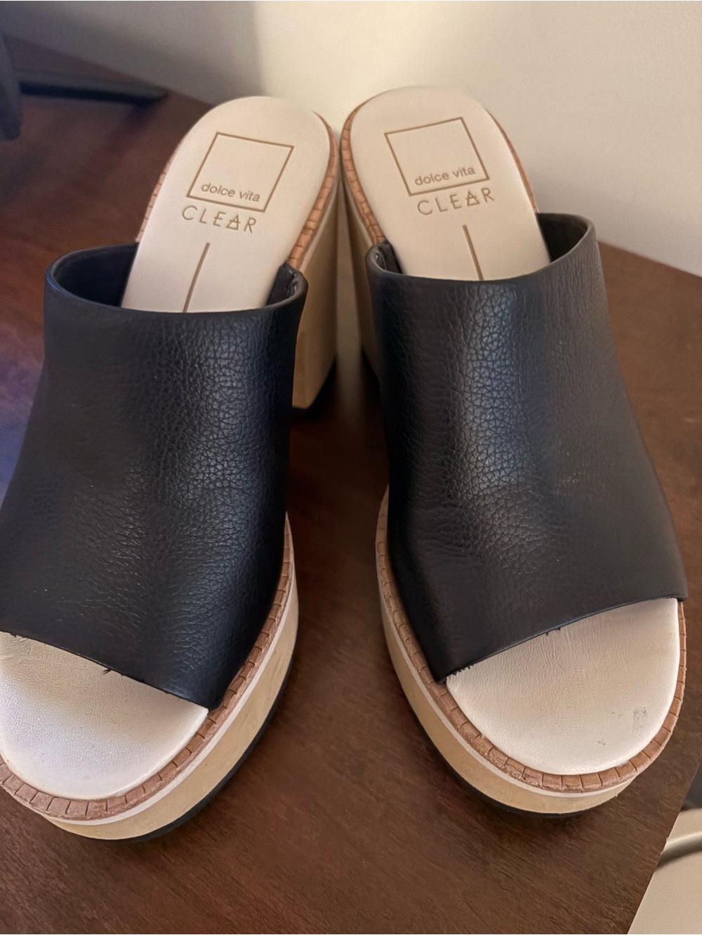 Dolce Vita Black Leather Platform Mule Sandals with Tan Wood-Look Sole - Picture 2 of 3